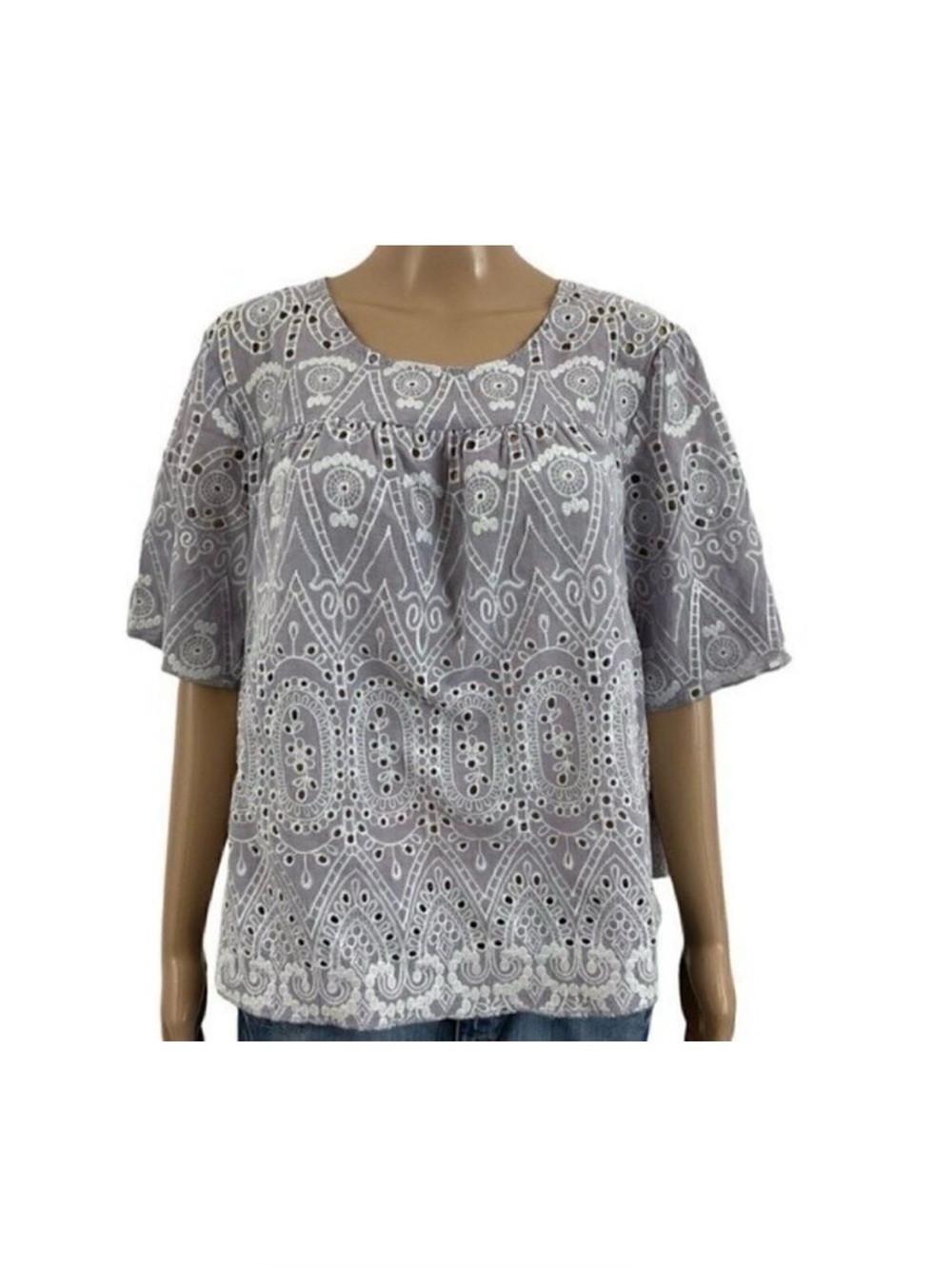 KAKTUS Embroidered boho lavender blouse side XL short sleeve keyhole button back